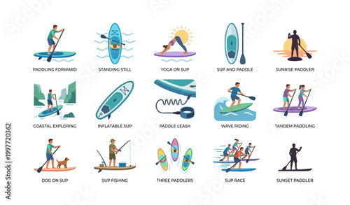 Paddleboard icons depicting different activities in grid layout