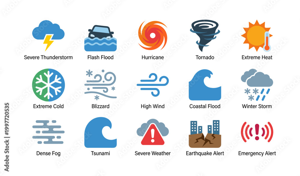 Fototapeta premium Weather hazard and emergency icons arranged on white background