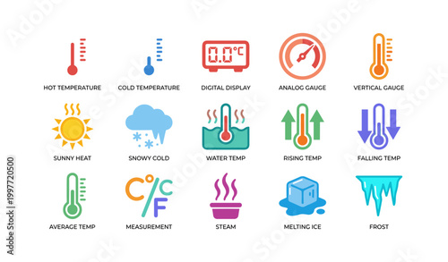 Temperature and gauge icons set showing heat and cold symbols