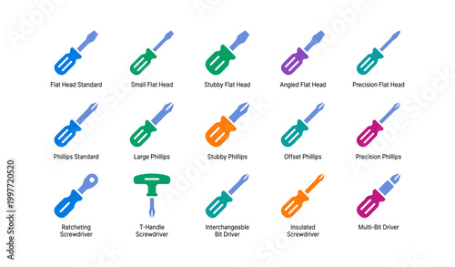 Screwdriver icons showing tip types and handle styles on white