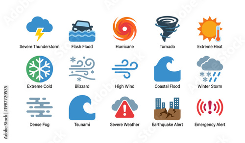 Weather hazard and emergency icons arranged on white background