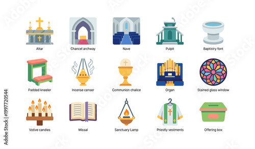 Church interior and liturgical icons arranged on white background