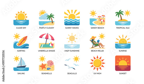 Sun and beach icons arranged in grid on white background