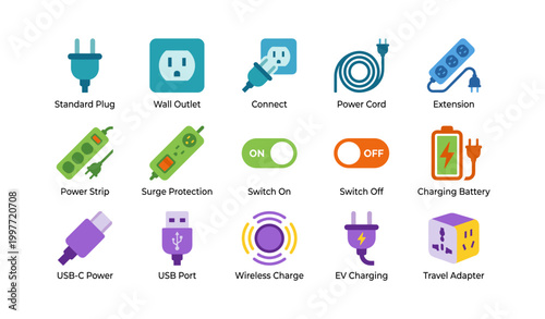 Power and charging icons showing plugs cords and adapters
