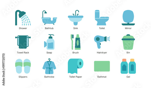 Grid of bathroom icons showing fixtures and toiletries
