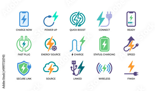 Charging and power icons representing battery and connectivity features