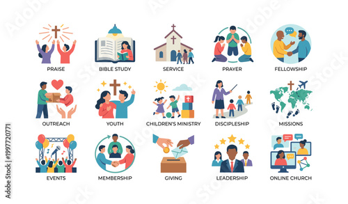 Church icons representing activities and ministries in grid