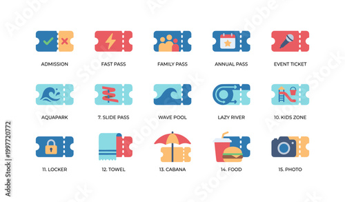 Waterpark and ticket icons representing pass types in rows