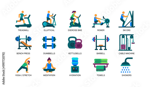Gym equipment icons showing workout machines in grid layout