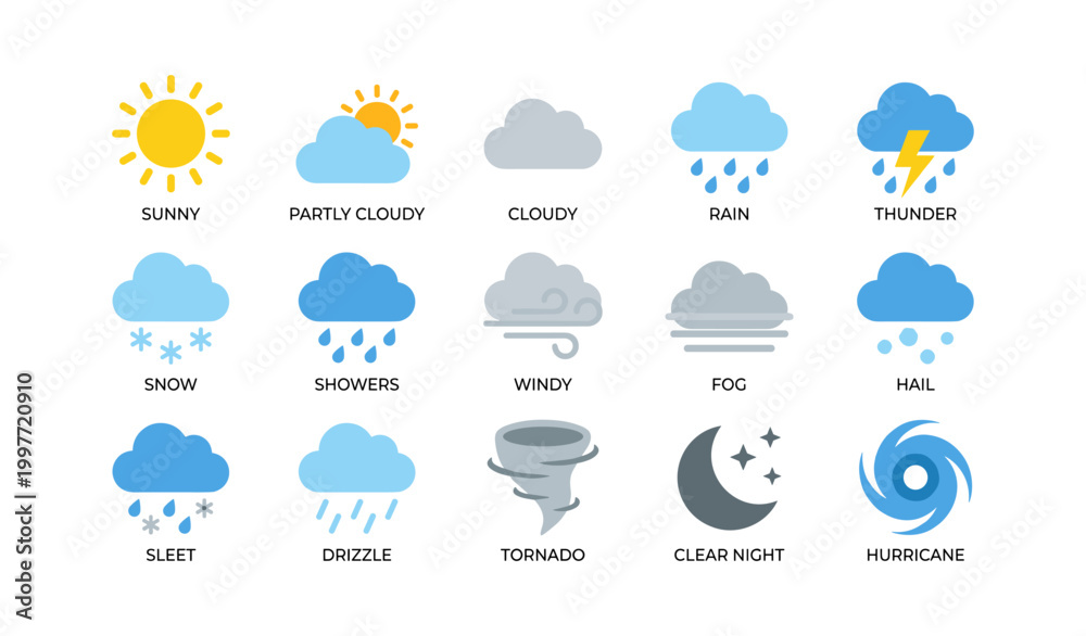 Fototapeta premium Weather condition icons displayed in grid on white background