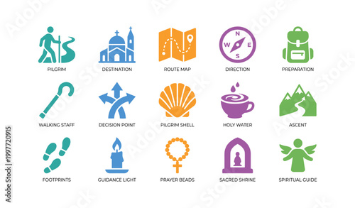 Pilgrimage and travel icons arranged in rows on white background