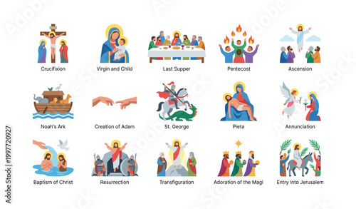 Christian religious icons displayed as illustrations on white
