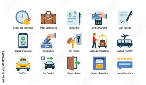Check-out and departure icons showing hotel exit tasks in grid