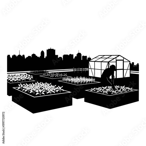 Urban rooftop garden with raised beds and greenhouse, person tending plants.