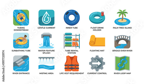 River tubing and safety icons arranged in grid on white background
