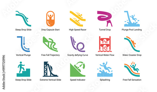 Water slide and plunge icons showing ride types on white background