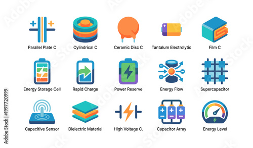 Capacitor and energy icons arranged in labeled grid on white