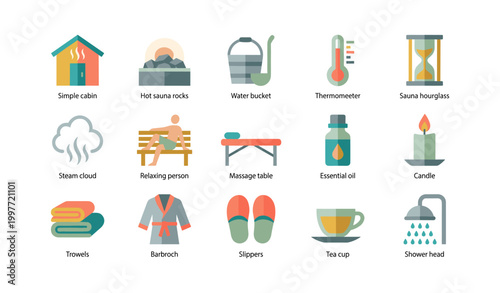 Sauna and spa equipment icons showing relaxation items