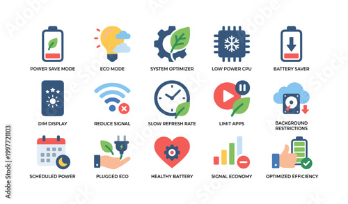 Power saving icons showing battery and eco modes grid
