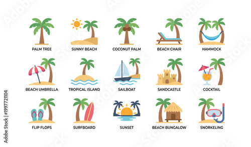 Tropical beach icons showing palm trees and leisure items on white