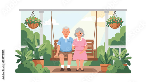 Senior Couple Relaxing on Porch Swing, Retirement Lifestyle, Garden Patio Scene