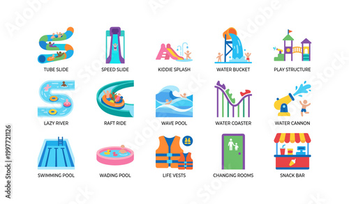 Water park attraction icons set with activity labels