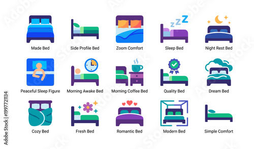 Bed and sleep icons set with labels in grid layout