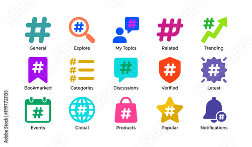 Hashtag icons set for topic navigation in grid layout
