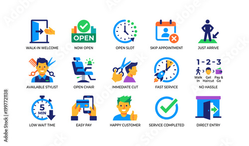 Barbershop service and appointment icons shown on white background