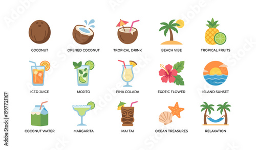 Tropical fruit and beach icons showing drinks and island motifs