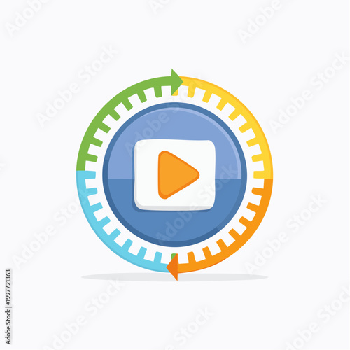 Animated media player symbol with cycle arrows and gear elements in a cartoon style.