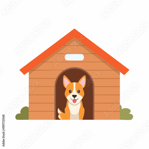 Happy Pembroke Welsh Corgi Puppy in Wooden Dog House