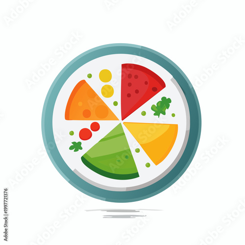 Colorful food plate with slices of various fruits and vegetables healthy eating concept.