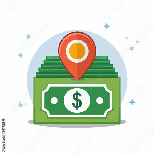 Dollar bills with location pin, financial concept of finding money, investment and profit vector illustration.
