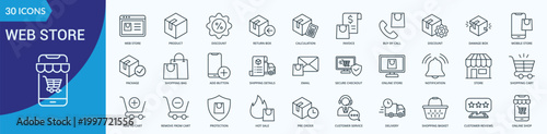 Web Store Icon Pack Illustration Vector Outine Style With web store, product, discount, return box, calculation, invoice