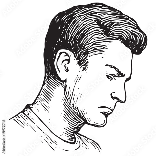 Sad Man Looking Down Facial Expression Illustration Showing Loneliness Reflection and Low Mood