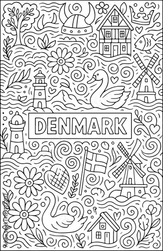 Denmark hand drawn vector illustration doodle art line art coloring page for kids