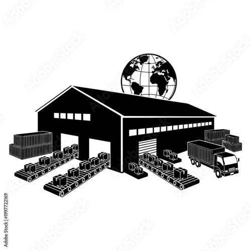 Warehouse and global logistics center with trucks and containers.