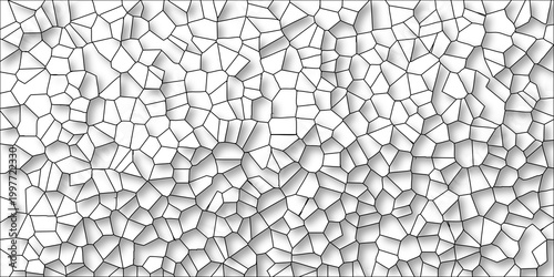 Monochromatic abstract geometric mosaic texture with irregular polygon shapes and subtle shadow casting on a clean white background creating a versatile and modern surface pattern for design