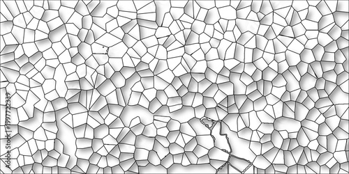 Intricate cellular mosaic with black outlines and soft shadows on a white background representing biological structures and abstract patterns