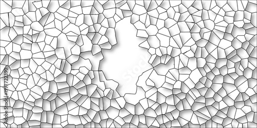 Cracked cell pattern with a large central void and black outlines on a white background, suggesting broken structures or negative space for design