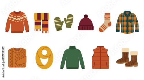 A collection of cozy winter clothing items, including sweaters, scarves, hats, mittens, socks, and boots, perfect for cold weather.