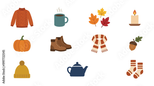A collection of cozy autumn-themed icons including a sweater, pumpkin, boots, scarf, hat, teapot, socks, hot drink, fall leaves, acorn, and candle.