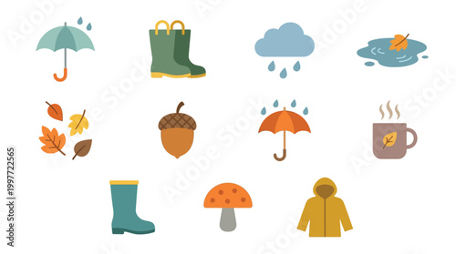 Collection of autumn-themed icons including umbrellas, rain boots, falling leaves, acorns, mushrooms, and a warm drink.