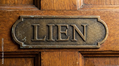 Bronze lien plaque on wooden door panel.