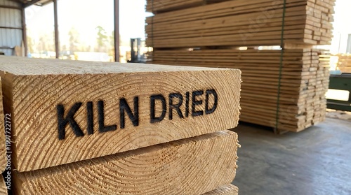 Kiln dried lumber stacks in warehouse sawmill.