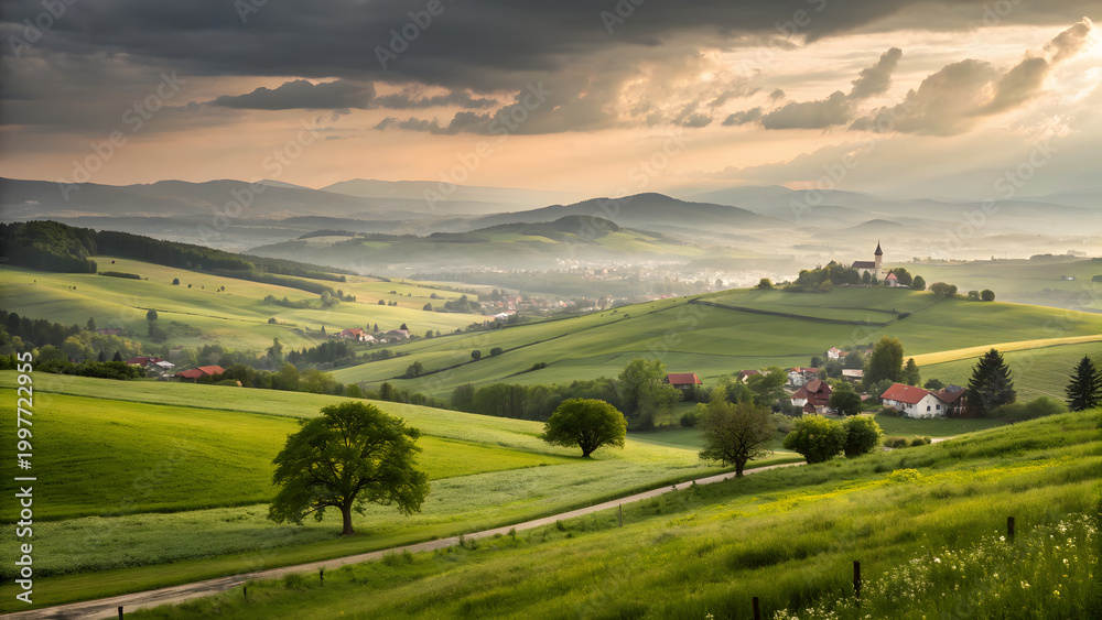 Fototapeta premium Dreamy countryside landscape with rolling hills and trees