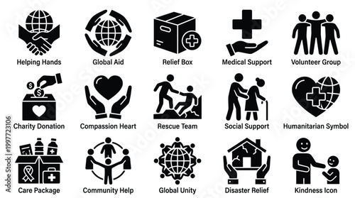 A collection of 15 black and white icons representing various forms of humanitarian aid, support, and community involvement.