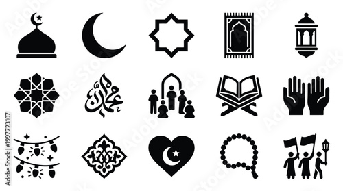 Collection of Islamic cultural symbols and icons, including mosque domes, crescent moons, prayer mats, lanterns, and religious calligraphy.