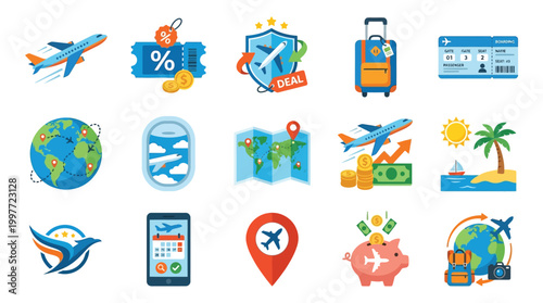 A vibrant collection of travel and tourism-related icons, showcasing airplanes, globes, luggage, tickets, maps, and vacation destinations.